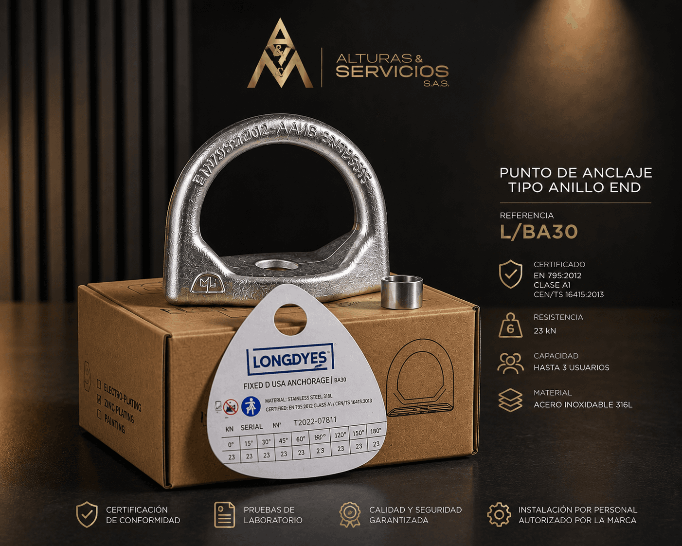 Punto de Anclaje Certificado: elemento diseñado para proporcionar un punto seguro de conexión para sistemas personales de protección contra caídas. Fabricado en material de alta resistencia y destinado a su instalación en estructuras que cumplan con las condiciones técnicas requeridas, garantizando confiabilidad, seguridad y cumplimiento de la normativa aplicable para trabajo en alturas.